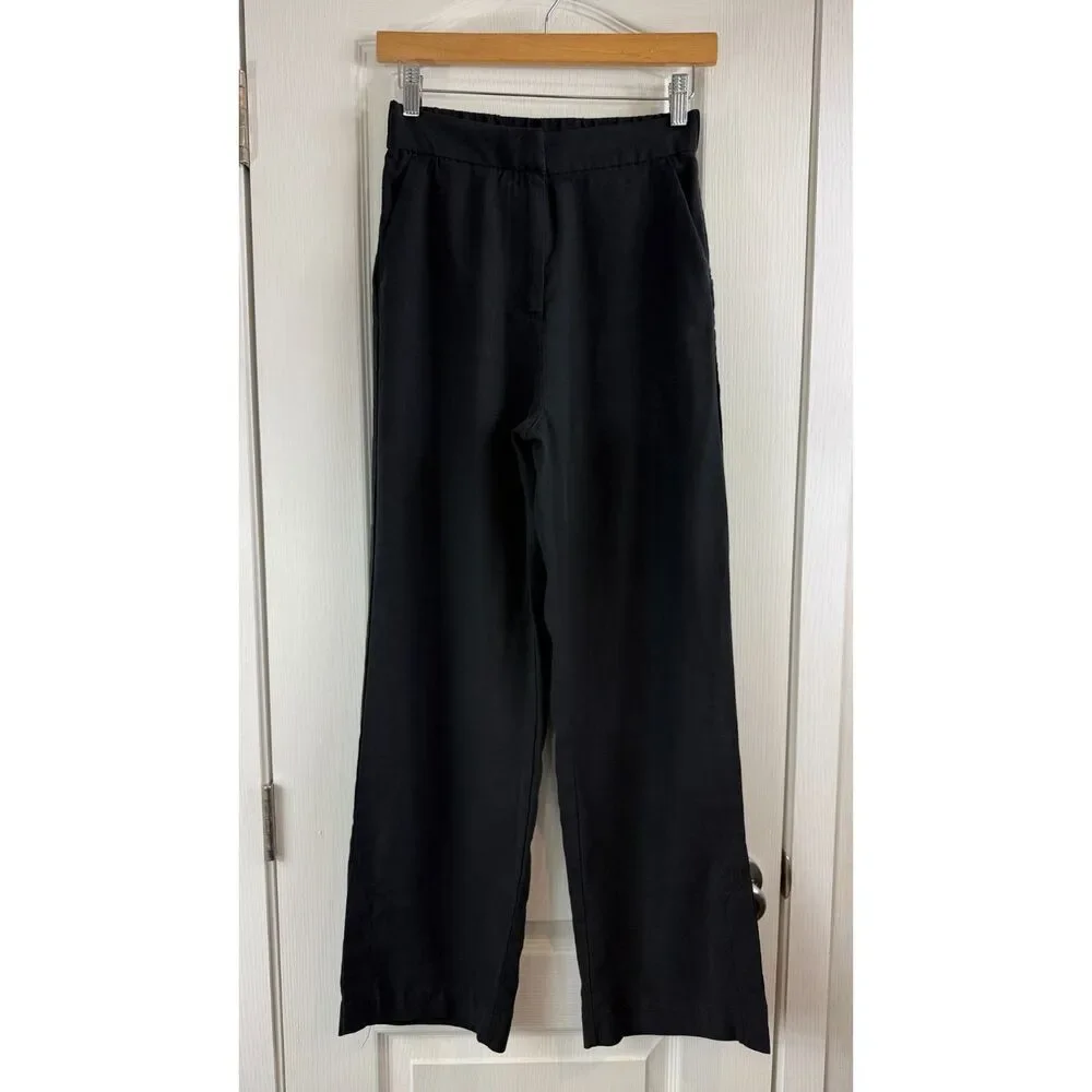 H&M Womens Size 4 Black Wide Leg Pants Linen Blend High Rise Trousers